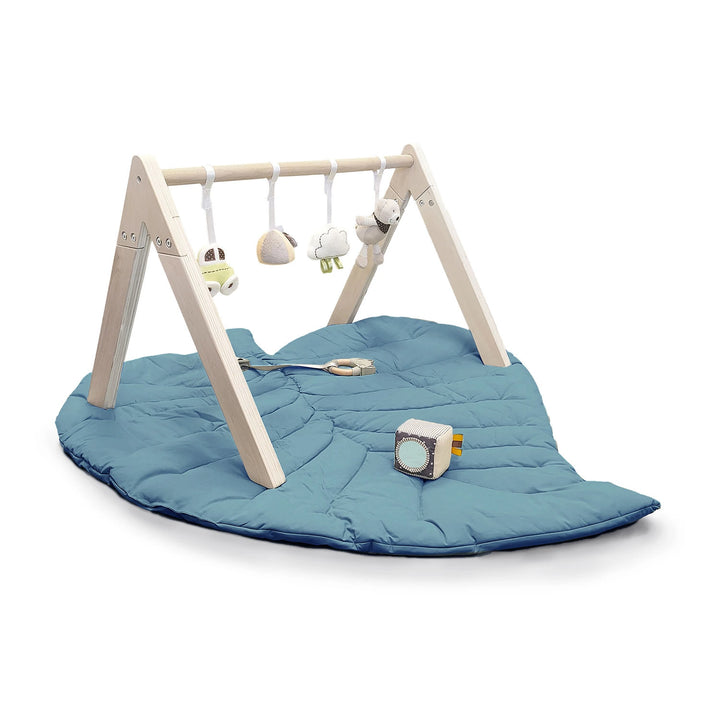 Wooden Baby Play Gym with Toys and Leaf Playmat Set - Blue - Miniream