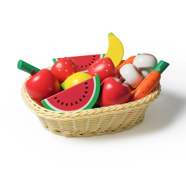 Colourful wooden play food sets with a woven basket full of fruits and vegetables, like a carrot, watermelon slices, apples, bananas, strawberries, and mushrooms.