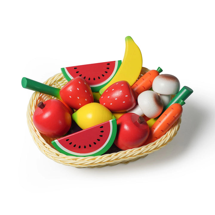 Kids' wooden play food with storage basket