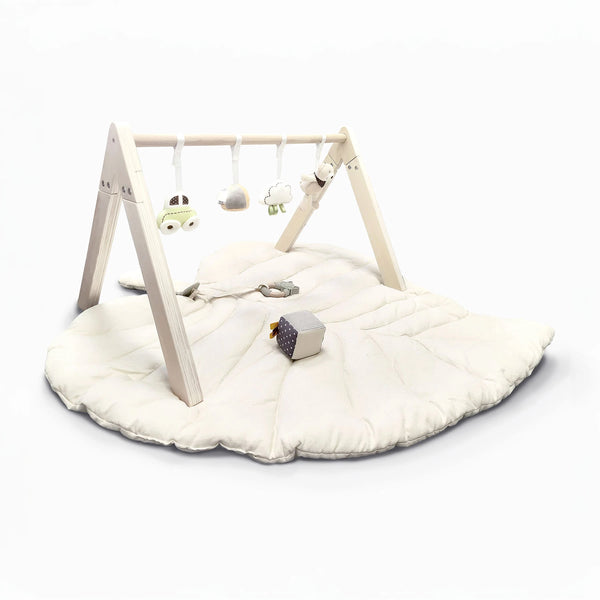 Wooden Baby Gym With Toys - Leaf Playmat - White - MiniDream