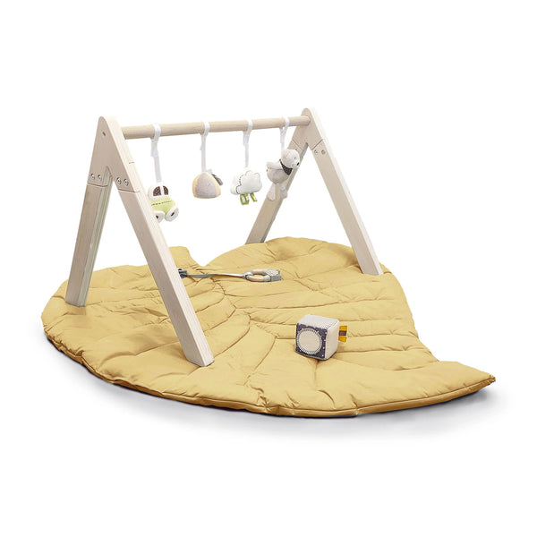 Wooden Play Gym with Toys and Leaf Playmat Set - Yellow - MiniDream