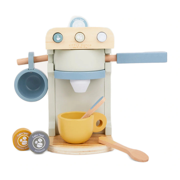 Wooden coffee machine set with accessories, ready for play on a kitchen counter.