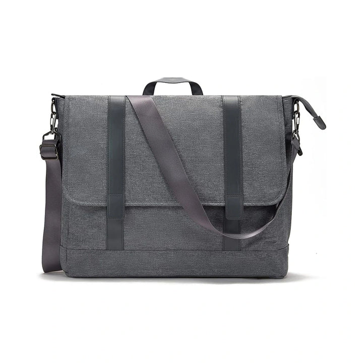 Front view of the Baby Changing Bag Messenger - Grey featuring an adjustable shoulder strap and sleek, modern design, shown on a white background.