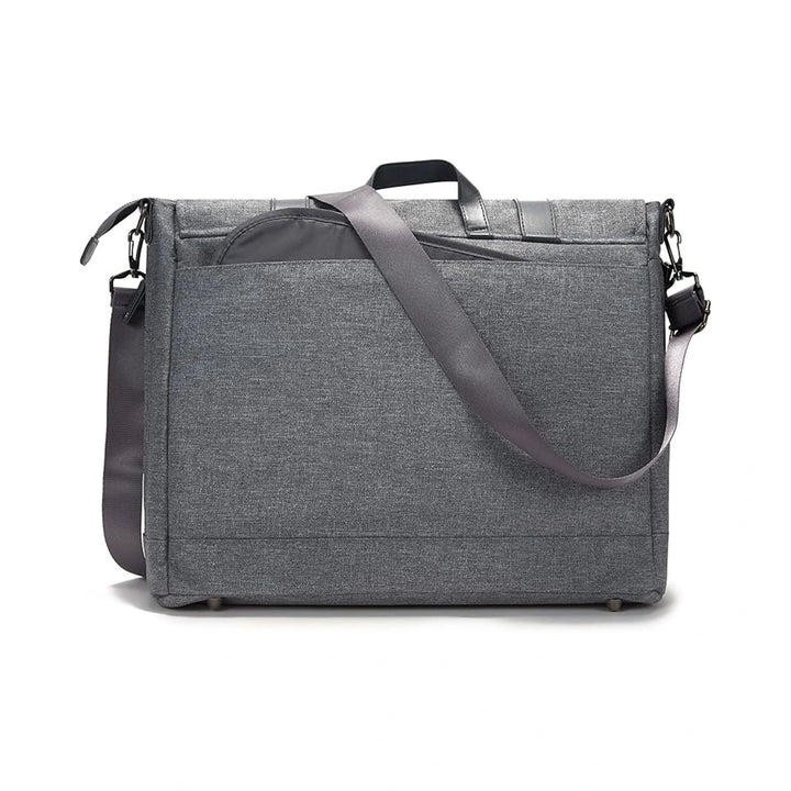 Rear view of the Baby Changing Bag Messenger - Grey showcasing a spacious back pocket and sturdy construction, displayed on a white background.