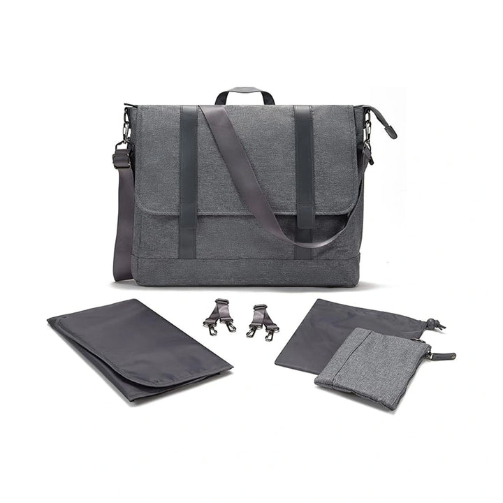 Baby Changing Bag Messenger - Grey with multiple accessories including a changing mat, two accessory pouches, and detachable straps displayed on a white background.