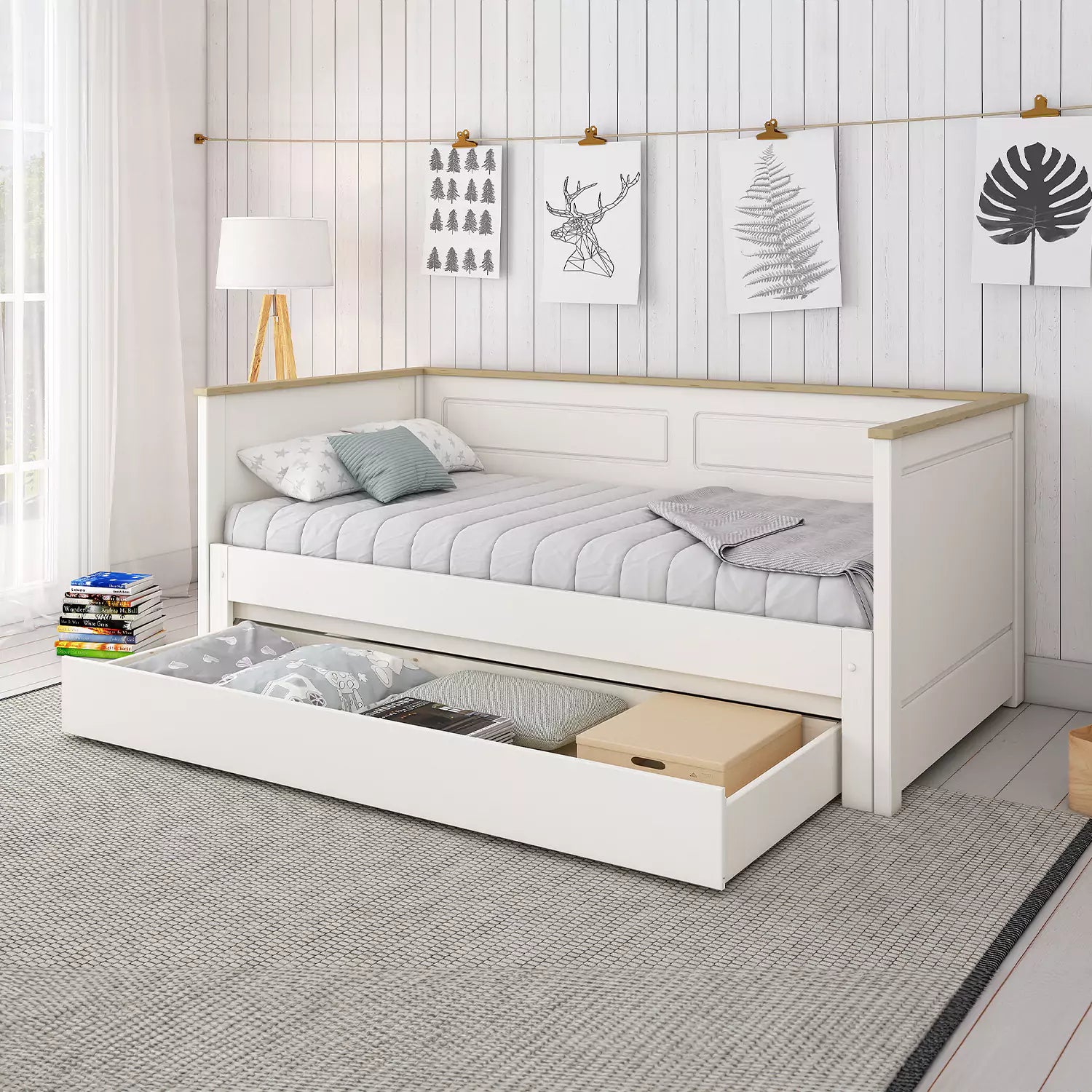 Heritage Extending Day Bed with Drawer - White & Oak