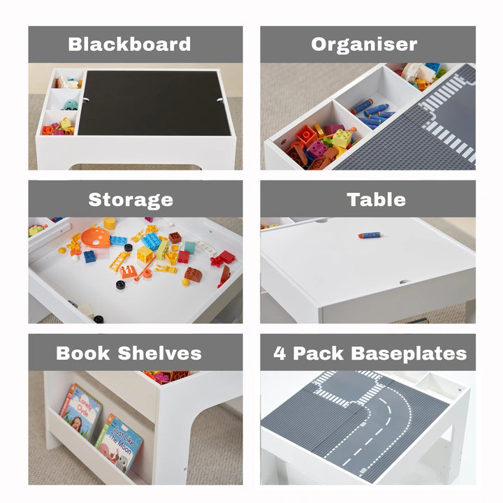 A collage shows the features of the wooden activity table. It includes close-ups of the blackboard surface, organizer compartments, storage box, table surface, book shelves, and a set of four City Baseplate Street pieces.