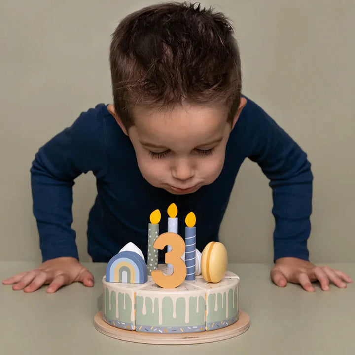 Blue wooden birthday cake set with 6 slices and toppings including donut, macaron, and animal figures.