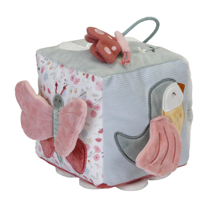 This Little Dutch Activity Cube has flowers and butterflies with vibrant colours, textures, and shapes for sensory stimulation.