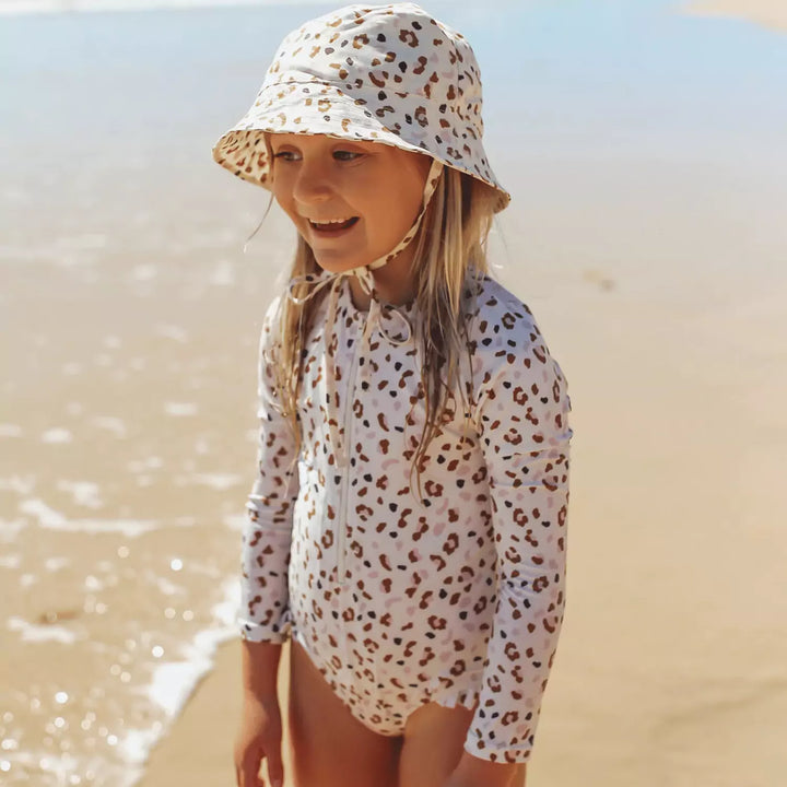 Close-up of Khaki Leopard Kids Swimsuit showcasing the trendy print and long sleeves.