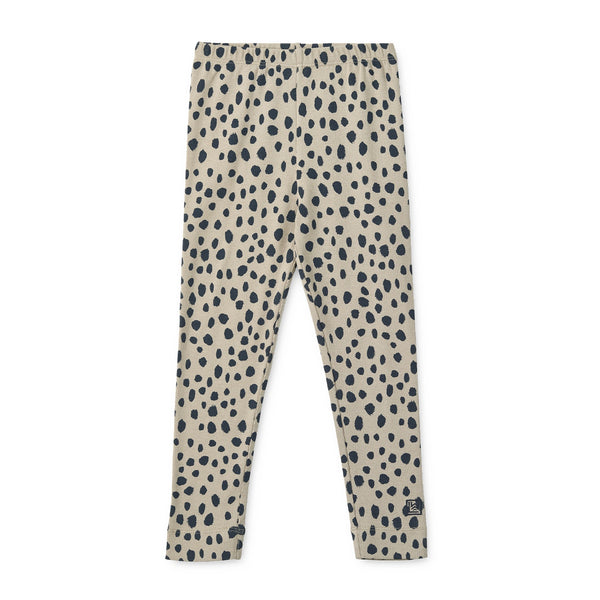 Liewood Marie printed rib leggings in leo spot/mist print, highlighting the elastic waistband.