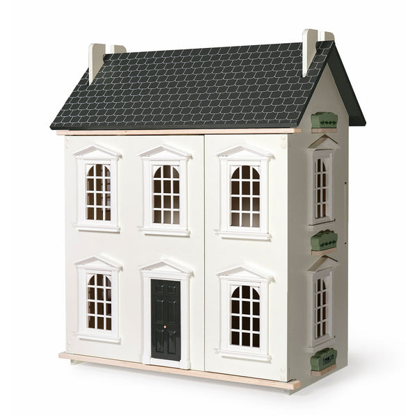 A modern, three-story wooden dollhouse painted white and grey with natural wood accents and a black roof.