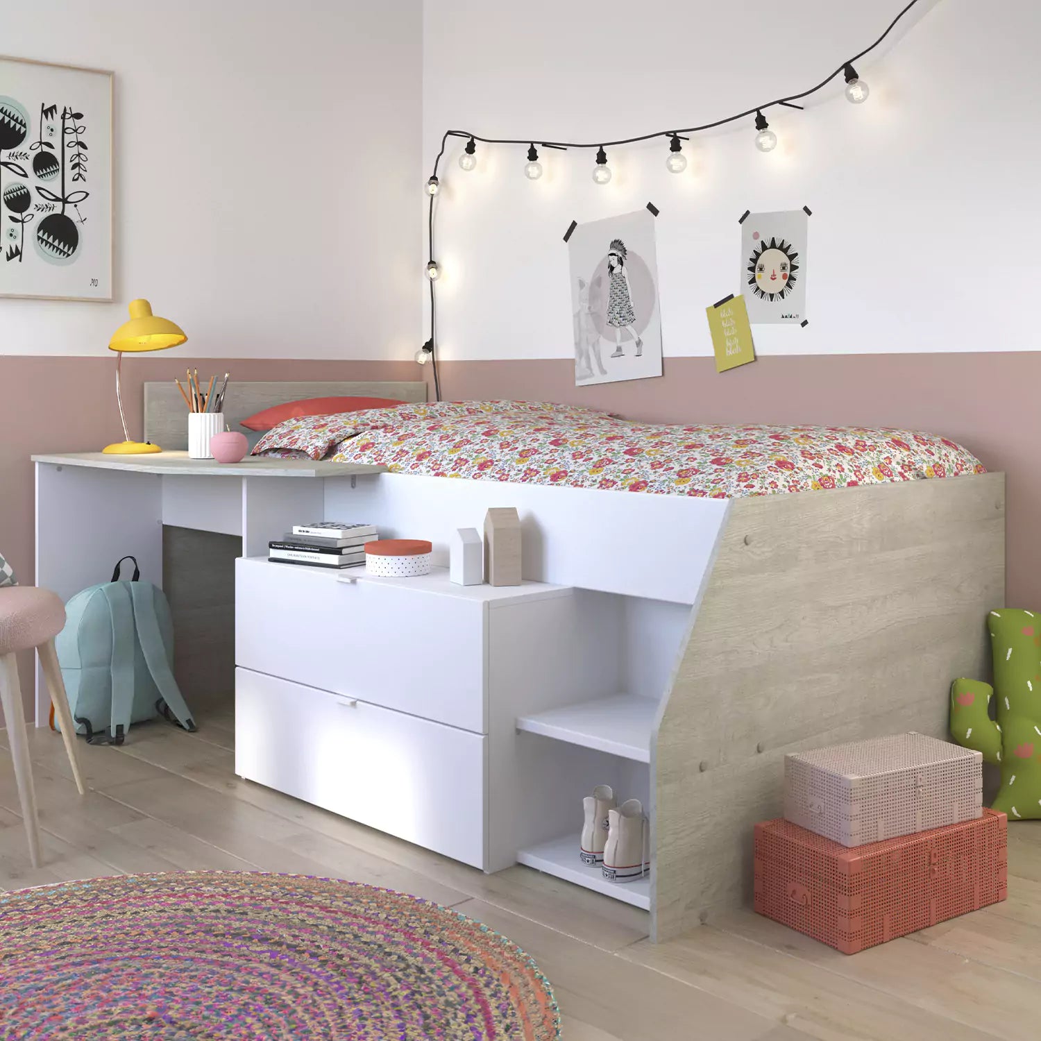 Parisot Milky Mid Sleeper Bed with Desk and Drawers