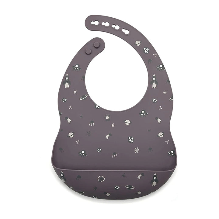 Grey silicone baby bib with space theme design