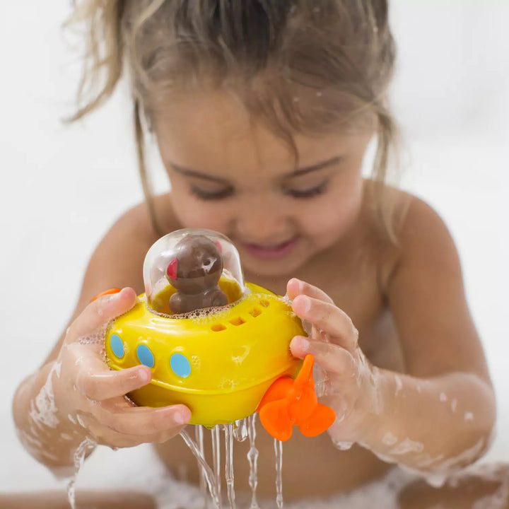 The Skip Hop Zoo Monkey Submarine is a bath toy with an interactive pull-string propeller for self-propelled fun.