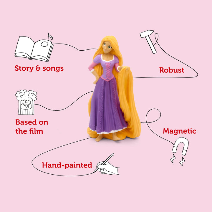 It shows the Rapunzel figurine inside, highlighting its features and specifications.