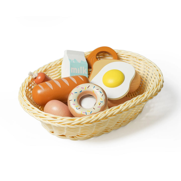 A wooden toy food set with colorful toy eggs, bread, and milk