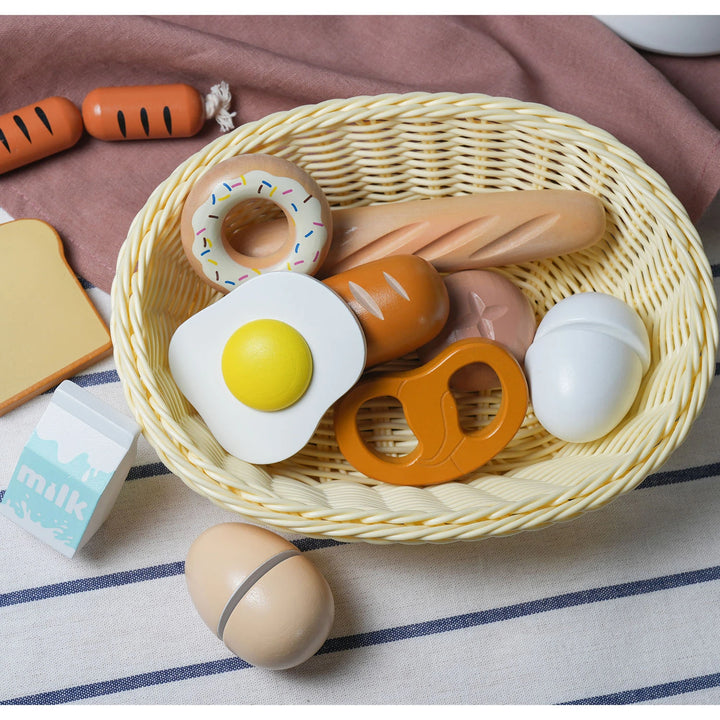 Child-safe wooden toy food is ideal for pretend kitchen play.