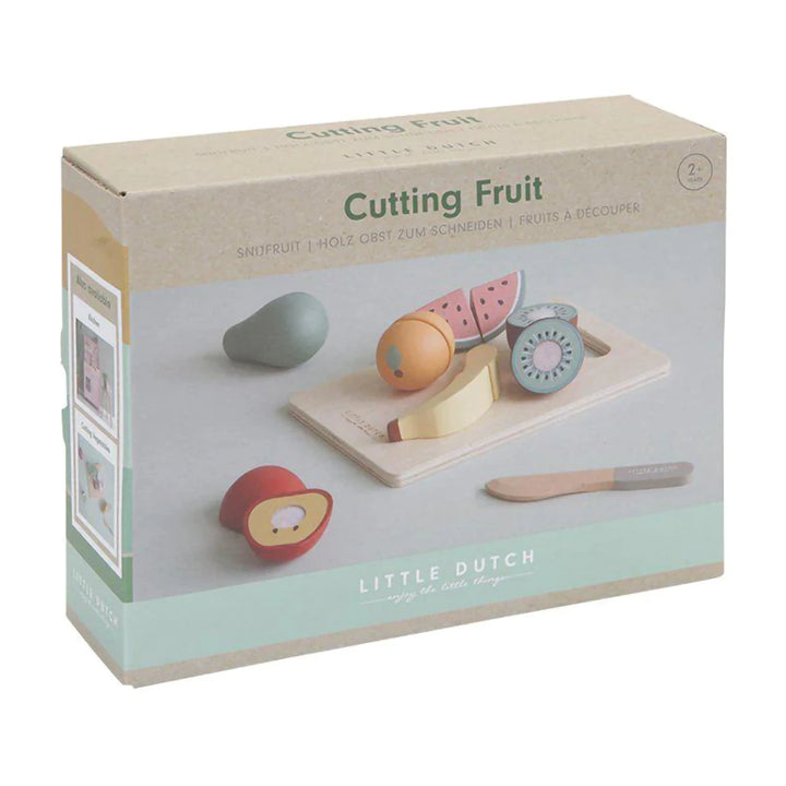 A complete wooden fruit play set, including all 6 fruits (apple, banana, kiwi, pear, orange, watermelon), cutting board, and knife, arranged neatly in a box.