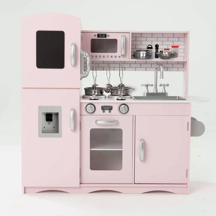 Deluxe Pink Wooden Play Kitchen (with 10 Utensils) - Pink